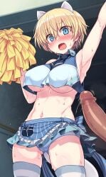 1boy 1girls animal_ears arm_up armpits blonde_hair blue_eyes brave_witches breasts censored cowboy_shot crop_top crop_top_overhang erection female highres large_breasts mosaic_censoring nikka_edvardine_katajainen null_(nyanpyoun) outstretched_arm panties penis pom_pom_(cheerleading) short_hair skirt standing straight sweat tail thighhighs underboob variant_set weasel_ears weasel_tail world_witches_series