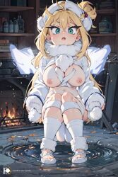 1girls ai_generated big_breasts big_butt blonde_hair blue_eyes breasts exposed_breasts fire_place image revealing_clothes roblox roblox_avatar source_request surprised wings