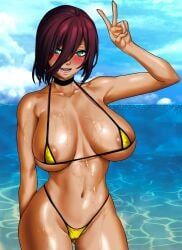 1girls 79310no areolae beach big_breasts bikini black_hair blush breasts chainsaw_man choker colored eye_contact female green_hair kaf3art large_breasts looking_at_viewer micro_bikini nipple_bulge peace_sign reze_(chainsaw_man) solo standing thick_thighs thighs