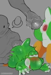 2boys anthro anus ass balls big_butt blush bodily_fluids boots clothing duo egg fisting footwear gaping gaping_anus genitals green_body green_yoshi hi_res human male male_focus male_only mammal mario_(series) nintendo penetration simple_background sincastermon yoshi