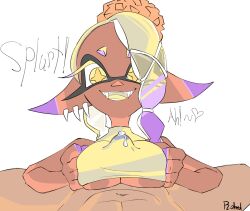 breasts cum_through_clothes dark_skin deep_cut_(splatoon) fangs female female_focus frye_(splatoon) inkling inkling_girl nintendo paizuri paizuri_lead_by_female paizuri_under_clothes robedart splatoon splatoon_(series) splatoon_3