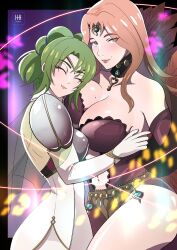 2girls absurdres armor asymmetrical_docking bare_midriff bare_shoulders bare_thighs beauty_mark blue_eyes blush breast_press breasts cape censored circlet cleavage collarbone commission cornelia_arnim detached_sleeves dress elbow_gloves feather_trim feathers female female_only fire_emblem fire_emblem:_the_sacred_stones fire_emblem:_three_houses gloves green_hair head_on_chest highres holding_to_chest hug ihsnet jewelry key key_necklace l'arachel_(fire_emblem) large_breasts long_hair looking_at_viewer magic mature_female medium_breasts midriff mole mole_above_mouth mole_on_breast multiple_girls navel necklace nintendo pink_hair plunging_neckline ponytail shoulders side_slit smile thick_thighs thighs white_gloves yuri