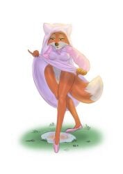 anthro breasts brown_eyes canid canine cheek_tuft clothed clothing dipstick_tail disney dress eyelashes facial_tuft female footwear fox fur genitals grass hi_res inventor_(artist) maid_marian mammal markings no_underwear orange_body orange_fur pink_clothing pink_dress pink_footwear pink_shoes plant puddle pussy raised_clothing raised_dress robin_hood_(disney) shoes simple_background solo tail tail_markings tan_body tan_fur thick_thighs tuft upskirt white_background wide_hips