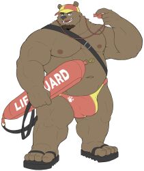 2023 absurd_res anthro bear belly black_nose brown_body bulge clothing hat headgear headwear hi_res humanoid_hands kemono lifeguard male male_only mammal moobs musclegut navel nipples overweight overweight_male simple_background solo swimwear yuuuki_desu