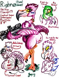 absurd_res anthro anus ass avian big_butt big_chest big_hands big_tail bird black_anus bodypaint brontosaurus bulge bulge_in_face chest_tuft clothed clothing costume dinosaur diplodocid disguise eye_scar facial_scar feathers flamingo fluffy_chest fursuit green_body green_head green_scales gun hair hi_res jockstrap jockstrap_only male model_sheet musk musk_clouds musky_butt neckwear on_one_leg pervnamedregazz pink_body pink_feathers pink_hair puffy_anus ranged_weapon reptile rifle righno_(regazz) sauropod scales scalie scar shoulder_tuft smothering sniper sniper_rifle solo standing tail talons thick_thighs topless traditional_media_(artwork) tuft underwear underwear_only weapon yellow_sclera