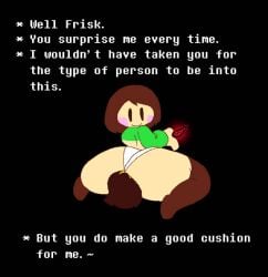 1boy 1girls 2023 ass_focus brown_eyes brown_hair brown_thighhighs chara charisk cooliocoolgang facesitting frisk green_shirt holding_object huge_ass huge_thighs speaking thighhighs toby_fox undertale undertale_(series) yellow_skin