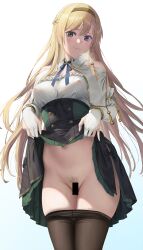 atelier_(series) atelier_ryza atelier_ryza_1 bar_censor bare_shoulders black_pantyhose black_skirt blue_ribbon braid breasts censored closed_mouth clothes_lift clothes_pull covered_nipples detached_collar detached_sleeves elbow_gloves female female_pubic_hair french_braid gloves green_eyes green_skirt hairband high-waist_skirt highres jeneral klaudia_valentz lifted_by_self long_hair looking_at_viewer medium_breasts mixed-language_commentary navel neck_ribbon panties panties_under_pantyhose panty_pull pantyhose pantyhose_pull partially_fingerless_gloves pubic_hair pussy pussy_juice ribbon side_braid simple_background skirt skirt_lift solo two-tone_skirt underwear white_gloves white_sleeves