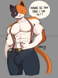 abs anthro aronhilistix buff bulge bulge_through_clothing calico_cat cat_humanoid clothing dialogue domestic_cat english_text epic_games felid feline felis fortnite fortnite:_battle_royale furry male male_only meowscles meowscles_(fortnite) muscular_anthro solo solo_male speech_bubble strong text text_bubble