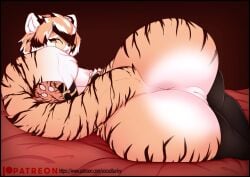 2023 anthro anus arknights artist_name ass big_butt black_nose eyebrows eyelashes eyewear felid female fur genitals glasses hair hypergryph mammal nude orange_body orange_fur pantherine patreon pussy round_glasses short_hair smile solo striped_body stripes studio_montagne text tiger tongue tongue_out url voicedbarley waai_fu_(arknights)