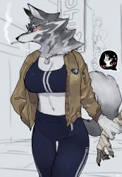 absurd_res ambiguous_gender anthro armored_core black_clothing buta99 canid canine canis cigarette claws clothed clothing duo eyewear female finger_claws fluffy fluffy_tail fromsoftware fur glasses grey_body grey_fur hand_holding jacket mammal rusty_(armored_core) smoking tail topwear white_body white_fur wolf