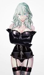 1girls alternate_costume alternate_hair_color arms_under_breasts bare_thighs black_gloves black_panties bodice breasts bustier byleth_(female)_(fire_emblem) byleth_(fire_emblem) byleth_(fire_emblem)_(female) cleavage crossed_arms elbow_gloves female female_only fire_emblem fire_emblem:_three_houses garter_belt garter_straps gloves green_eyes green_hair lace large_breasts medium_hair nintendo panties patterned_legwear solo thighhighs thighs tsukimura_noe underwear