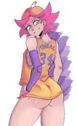 1girls amanda_o'neill ass ass_focus basketball basketball_uniform bottomless cupperexe female female_only green_eyes highres jersey little_witch_academia looking_back orange_hair pink_hair short_hair small_breasts solo solo_female tomboy two_tone_hair