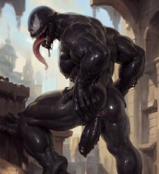 1boy ai_generated ass ass_focus azzit back_view balls erection fangs gay humanoid long_tongue looking_back male male_only marvel marvel_comics muscular muscular_male nude penis presenting presenting_ass presenting_butt solo solo_focus symbiote tongue tongue_out venom venom_(marvel)