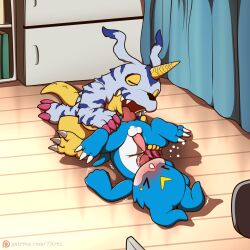 anal animal_genitalia anthro ass balls bandai_namco blue_body blush claws digimon digimon_(species) digital_media_(artwork) duo erection fangs feet fur gabumon genitals hi_res horn male male/male nude oral penis rimming scalie sex tail teeth toes tongue tongue_out veemon vitrex yellow_body