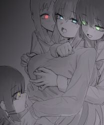 4girls blue_eyes blush bocchi_the_rock! breasts female female_only foursome glowing glowing_eyes gotou_hitori grabbing green_eyes greyscale hair_between_eyes hair_ornament hairclip highres ijichi_nijika jacket kita_ikuyo large_breasts licking long_hair long_sleeves monochrome multiple_girls nipple_tweak open_mouth red_eyes school_uniform simple_background spot_color suitshark sweat tears tongue yamada_ryou yellow_eyes yuri