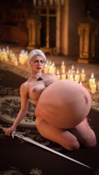 1girls 3d belly big_belly breasts ciri female huge_belly hyper_pregnancy necklace nipples preggmaster pregnant sword the_witcher_(series) white_hair