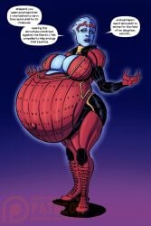 1girls alien asari belly big_belly big_breasts blue_skin breasts cleavage dialogue female huge_belly huge_breasts hyper_pregnancy mass_effect mature_female milf mother outie_navel pregnant samara sidkid44 skintight text