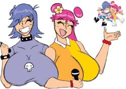 2girls aged_up ami bean_smile big_breasts blue_eyes breasts cartoon_network closed_eyes cute duo female female_only flower_in_hair hi_hi_puffy_amiyumi microphone open_mouth pink_hair smile smiling teeth thedomely warner_brothers white_background yumi