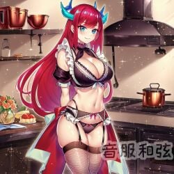 1girls ai_generated dragon_girl duel_monster kitchen_dragonmaid lingerie maid_uniform monster_girl red_hair yu-gi-oh!