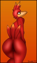 anthro anus ass avian banjo-kazooie beak bent_over big_butt bird breasts feathers female genitals green_eyes hand_on_hip head_feathers kazooie looking_away looking_back neutral_expression nipples presenting presenting_anus presenting_hindquarters presenting_pussy pussy raised_tail rareware red_body side_boob simple_background snek77 solo tail tail_feathers