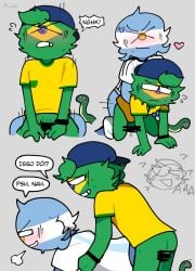 2boys argentina_(countryhumans) brazil_(countryhumans) censor_bar censored censored_penis comic countryhumans gay green_skin grey_background grey_body male male_only penetration portuguese_text princedoesstuff simple_background spanish_text text yaoi