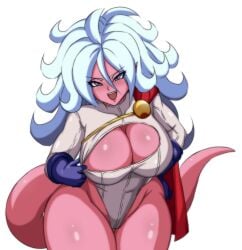 1girls android_21 android_21_(good) boob_window breast_window breasts cleavage cosplay crossover_cosplay darwaarts dc dc_comics dragon_ball dragon_ball_z female female_only large_breasts long_hair looking_at_viewer majin majin_android_21 pink_body pink_skin power_girl_(cosplay) solo superheroine tail thighs white_hair wide_hips