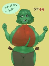 big_ass big_breasts big_butt blush breast_expansion breasts_bigger_than_head copyright_request fully_clothed green_hair green_skin huge_ass huge_breasts huge_butt large_ass large_breasts large_butt nyuru ripped_clothing sihagen slime slime_girl smile smiling solo solo_female