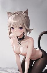 1girls :| after_sex ai_generated all_fours animal_ears bed bent_over black_collar black_pantyhose blurry blurry_foreground breasts cat_ears cat_tail closed_mouth collar cum cum_on_body cum_on_breasts female genshin_impact gradient_background grey_background grey_hair highres looking_at_viewer lynette_(genshin_impact) nipples on_bed pantyhose pink_lips purple_eyes short_hair skin_tight small_breasts solo tail topless white_background