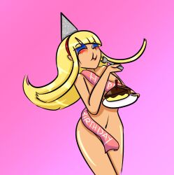 1girls birthday_cake birthday_hat blonde_hair breasts cake eating_food female female_only food happy_birthday lipstick long_hair naked_hat naked_ribbon navel nude nude_female red_lipstick revrookington solo tiffany_(revrookington) tiffany_fay