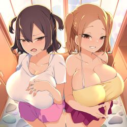 2girls annoyed bangs big_ass big_butt black_hair blonde_hair blush breasts brown_eyes brown_hair cleavage collarbone disgusted_look grin hi_res huge_breasts indoors kanon-chan_(bebebe) light-skinned_female light_skin looking_at_viewer manabebebe medium_hair multiple_girls open_mouth pink_shorts purple_shorts purple_skirt ririka-chan_(bebebe) shirt short_hair short_shorts short_sleeves shorts shortstack shy_smile skirt smile teeth twintails two_side_up white_shirt young