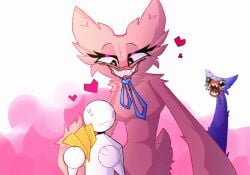 hand_on_shoulder heart huggy_wuggy kissy_missy pink_body pink_fur poppy_playtime