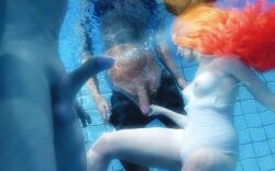 1girls 2023 2boys 3d breasts_out female generator_(artist) group group_sex long_hair male multiple_boys one-piece_swimsuit orange_hair pool realistic red_hair straight swimming threesome underwater underwater_sex water white_one-piece_swimsuit