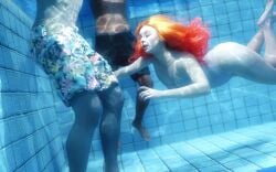 1girls 2023 2boys 3d female generator_(artist) group group_sex long_hair male multiple_boys one-piece_swimsuit orange_hair pool realistic red_hair straight swimming threesome underwater water white_one-piece_swimsuit