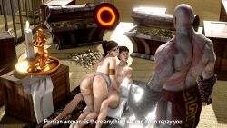 1boy 2girls 3d areolae ass bald bald_man big_ass big_breasts big_butt bisexual breasts circle_button european_mythology female god_of_war god_of_war:_chains_of_olympus greek_mythology indoors kratos large_ass male medium_hair muscular muscular_male mythology naked naked_female nipples nude nude_female persian_women_(god_of_war) playstation public_domain room santa_monica_studio sony sony_corporation sony_interactive_entertainment straight