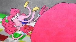 big_belly big_breasts green_eyes inflation kissy_missy mommy_long_legs pink_body pink_fur pink_hair pink_skin poppy_playtime vore vore_belly