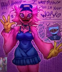 big_breasts blue_body blue_fur dress huggy_wuggy kissy_missy pink_body pink_fur poppy_playtime purple_eyes text