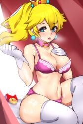 1340smile big_breasts blonde_hair blue_eyes blush crown earrings gloves legwear light-skinned_female light_skin lipstick mario_(series) mushroom nintendo panties pink_bra pink_panties ponytail princess_peach steam super_mario_bros. thick_thighs thighhighs white_legwear