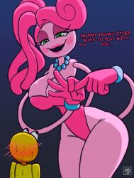 big_ass big_breasts deathzera female_only green_eyes implied_sex mommy_long_legs pink_body pink_hair pink_skin poppy_playtime protagonist_(poppy_playtime) text yellow_body