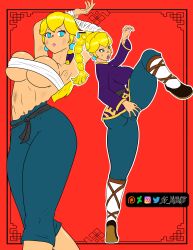 1girls ass big_ass big_breasts blonde_hair blue_eyes clothing earrings female female_only huge_breasts kung-fu_peach light-skinned_female light_skin lips mario_(series) nintendo nipples_covered official_alternate_costume princess_peach princess_peach:_showtime! sgyusuke solo tagme thick_thighs topless underboob wrapped_breasts