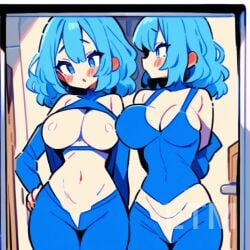 ai ai_generated blue_eyes blue_hair blush breasts breasts breasts_out large_breasts thick_thighs