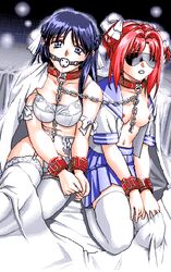 2girls 90s ail_soft ball_gag blindfold bondage chains character_request collar female female_only gag gagged kyouhaku multiple_girls nipples ribahara_aki wedding_dress wedding_lingerie