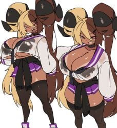 1girls aife_(zanamaoria) big_breasts big_horns blonde_hair bra_visible_through_clothes brown_hair choker curved_horns dark-skinned_female dark_skin female female_only flat_colors gyaru hair_on_horn hi_res horns jacket_around_waist long_hair looking_at_viewer miniskirt narrowed_eyes pink_eyes smiling smiling_at_viewer smirk solo stockings succubus tanline thick_thighs thigh_squish transparent_clothing two_tone_hair white_background zanamaoria