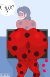 ass ass_focus big_ass big_butt blush bodysuit clothed clothing embarrassed female female_focus female_only fotec heroine ladybug_(character) latex latex_suit marinette_cheng marinette_dupain-cheng miraculous_ladybug pussy superheroine talking_to_viewer text text_bubble thick_ass thick_thighs thighs