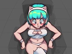 1girls blue_eyes blue_hair blush bra breasts bulma_briefs bulma_briefs_(frieza_saga) bulma_redraw_challenge_(meme) cat_ear_headphones cat_lingerie crossed_legs dragon_ball from_above headphones lingerie navel osulan panties short_hair sitting tagme thighhighs thighs watermark white_bra white_panties