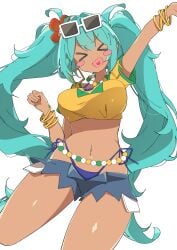 >< arm_up big_breasts blush brazilian brazilian_miku breasts crop_top happy hatsune_miku heart_tongue midriff shorts thick_thighs thighs uruti_2388 vocaloid