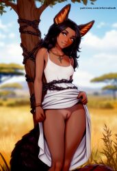 ai_generated animal_ears brown_skin chained chained_to_tree cute cute_face dark-skinned_female dark_skin eternal_oak fluffy_tail grin horny kidnapped large_ears latina lifting_skirt outdoors public sundress tempting tempting_viewer tight_pussy trapped tree upskirt