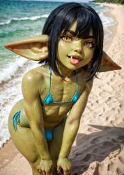 1boy ai_generated beach big_ass bikini black_hair blue_bikini bulge crossdressing crossdressing_male fangs femboy flat_chest gay goblin goblin_male green_skin happy leaning_forward looking_at_viewer male_only nemmy(goblin) original_character outdoors short_hair side-tie_bikini sissy solo standing thick_thighs trap uncircumcised wide_hips yellow_eyes