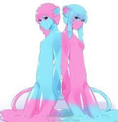 blue_slime flat_chest holding_hands looking_at_viewer nude pink_slime simple-phobiaxd slime slime_girl