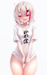 1girls baggy blush bottomless clothes clothing embarrassed female hair hairjapanese highlights hololive hololive_gen_2 hololive_japan horns japanese kanji nakiri_ayame oni red shirt shy snaggle teeth text thick thighs utsusemisanroku white