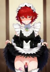 1girls ai_generated black_thighhighs embarrassed exposed_pussy fire_emblem fire_emblem_fates hinoka_(fire_emblem) lifted_by_self lifting_skirt looking_at_viewer maid maid_headdress maid_outfit maid_uniform nai_diffusion nintendo pubic_hair pussy pussy_juice red_eyes red_hair remote_control_vibrator sex_toy short_hair skirt skirt_lift small_breasts stable_diffusion stradiviolet thighhighs tomboy trembling vaginal_insertion vibrator vibrator_in_pussy vibrator_under_clothes